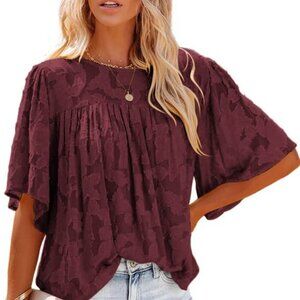 3/4 Bell Sleeve Blouse Summer Crewneck Lace Tops Floral Textured Babydoll Shirts